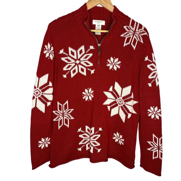 Jones New York Sport Pullover Quarter Zip Red & White Snowflake Sweater Size SP - Picture 1 of 6